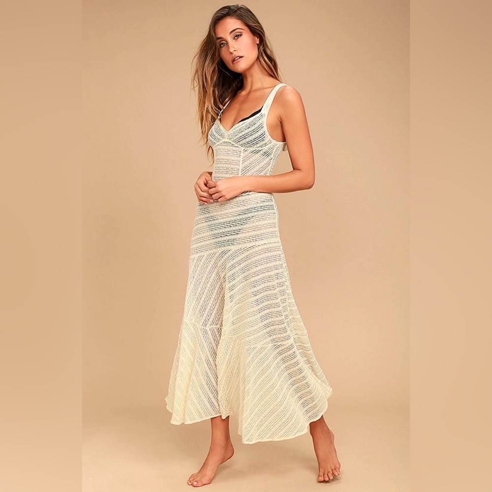 Free People Black Love Story Lace Maxi Slip Dress with Texture Small
